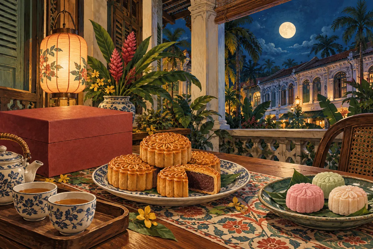 南洋庭院茶桌上的烘皮与彩色冰皮月饼，中秋示意插画