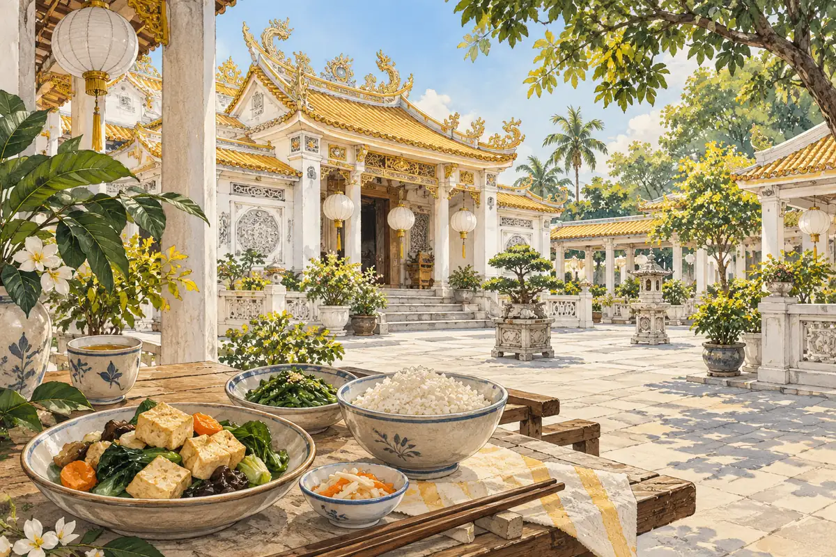 热带庙宇庭院与白黄花饰,前景为素食,九皇爷节庆示意插画