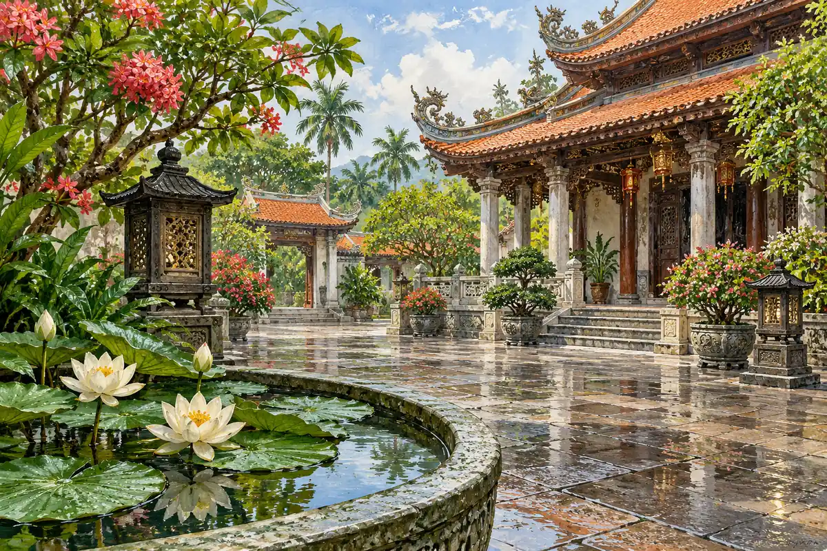 热带佛寺庭院、荷花与花灯,非特定寺院的卫塞节示意插画